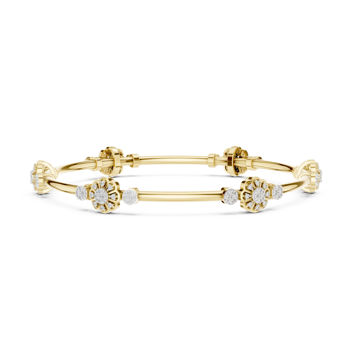Yellow gold hinged diamond bangle with round clusters and linear bar segments.