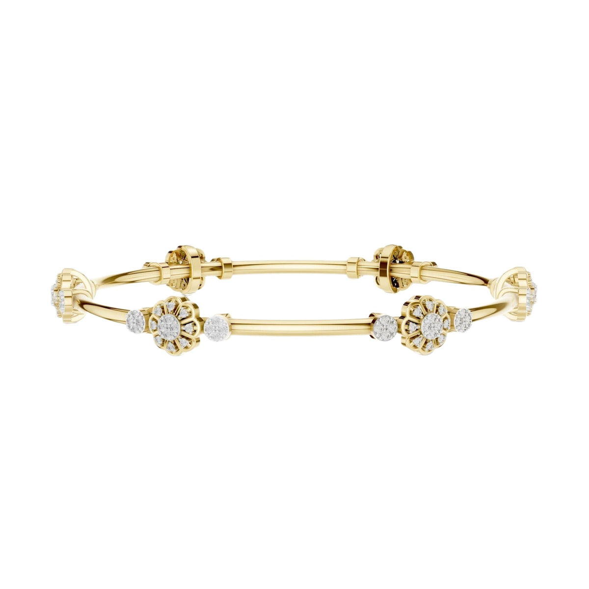Yellow gold hinged diamond bangle with round clusters and linear bar segments.