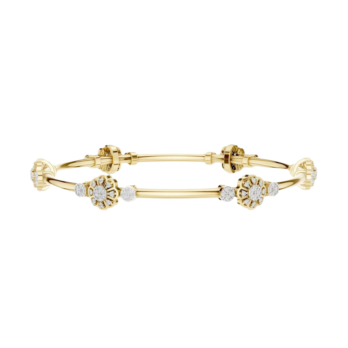 Yellow gold hinged diamond bangle with round clusters and linear bar segments.
