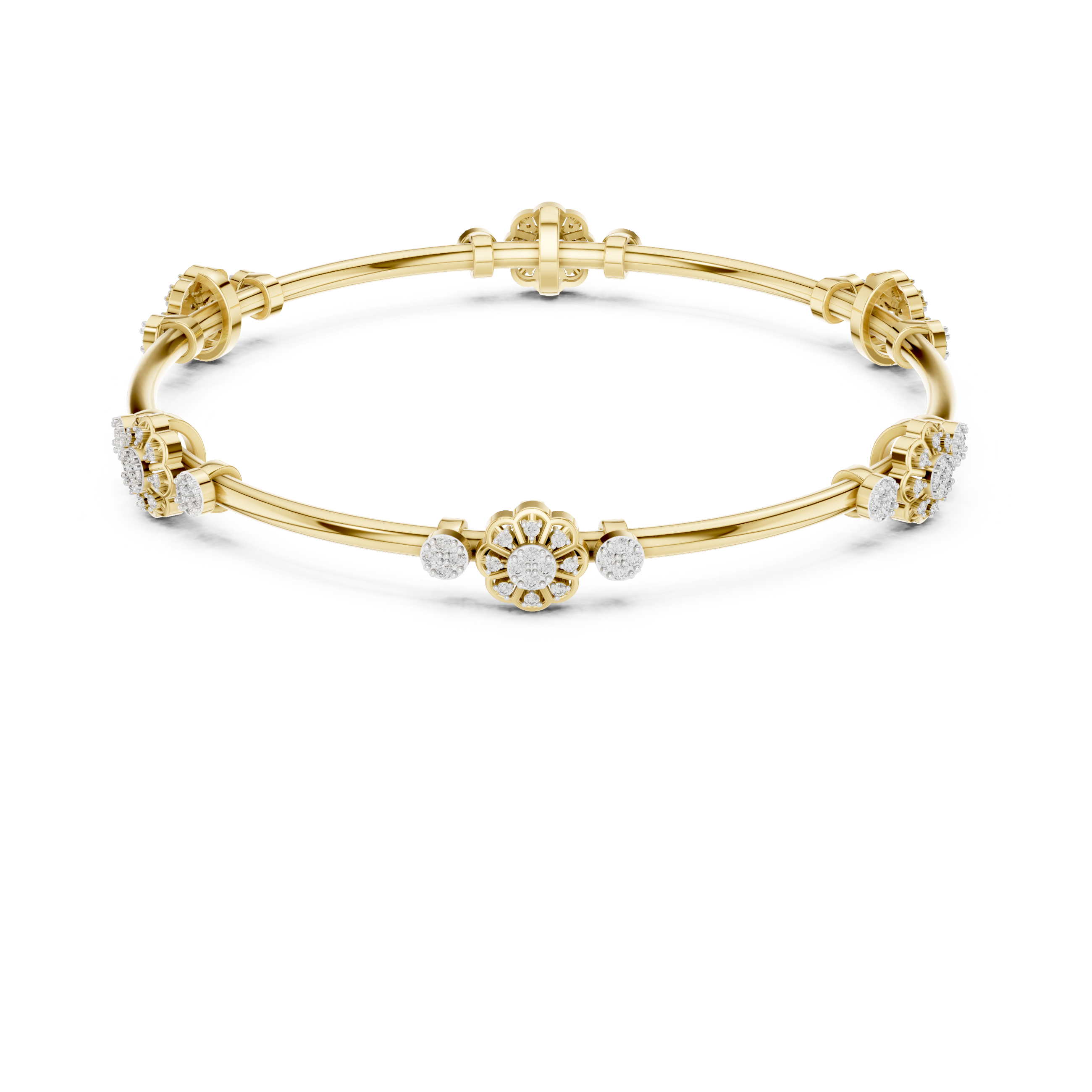 Yellow gold round diamond bangle with floral clusters along the slim cuff.
