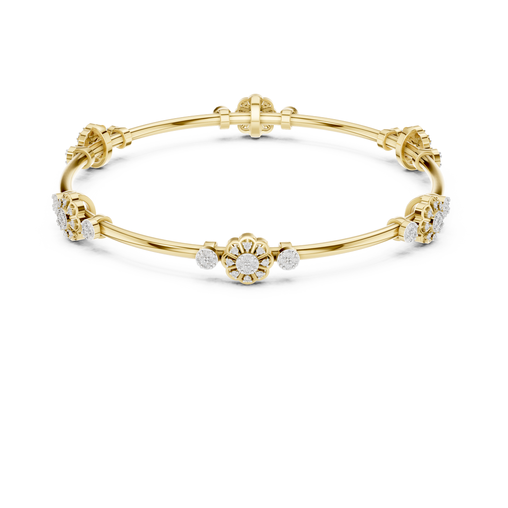 Yellow gold round diamond bangle with floral clusters along the slim cuff.