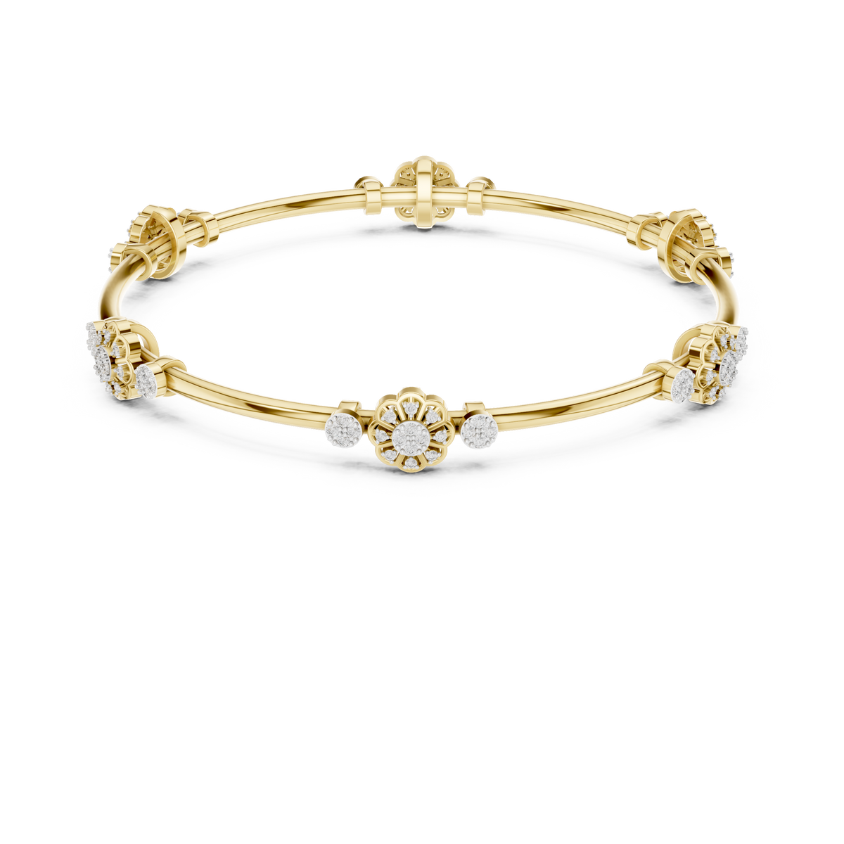 Yellow gold round diamond bangle with floral clusters along the slim cuff.
