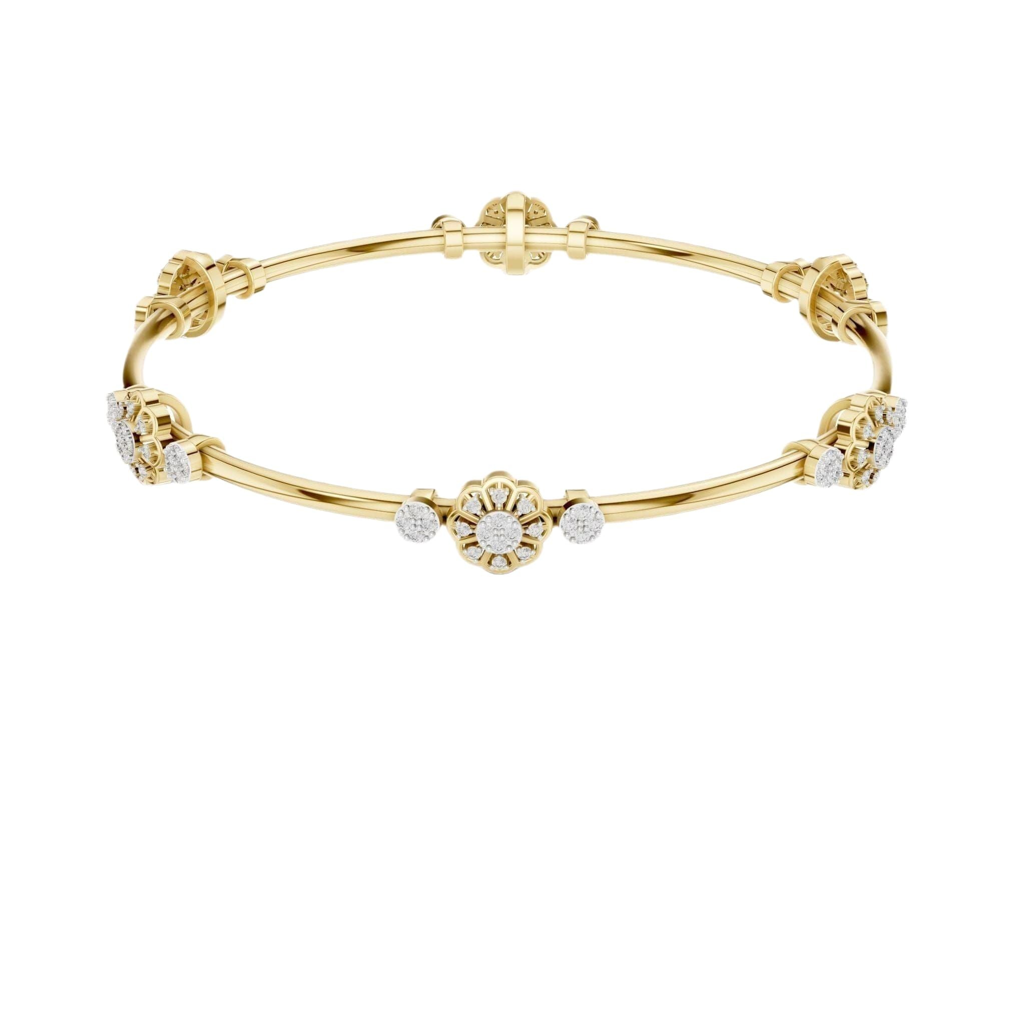 Yellow gold round diamond bangle with floral clusters along the slim cuff.
