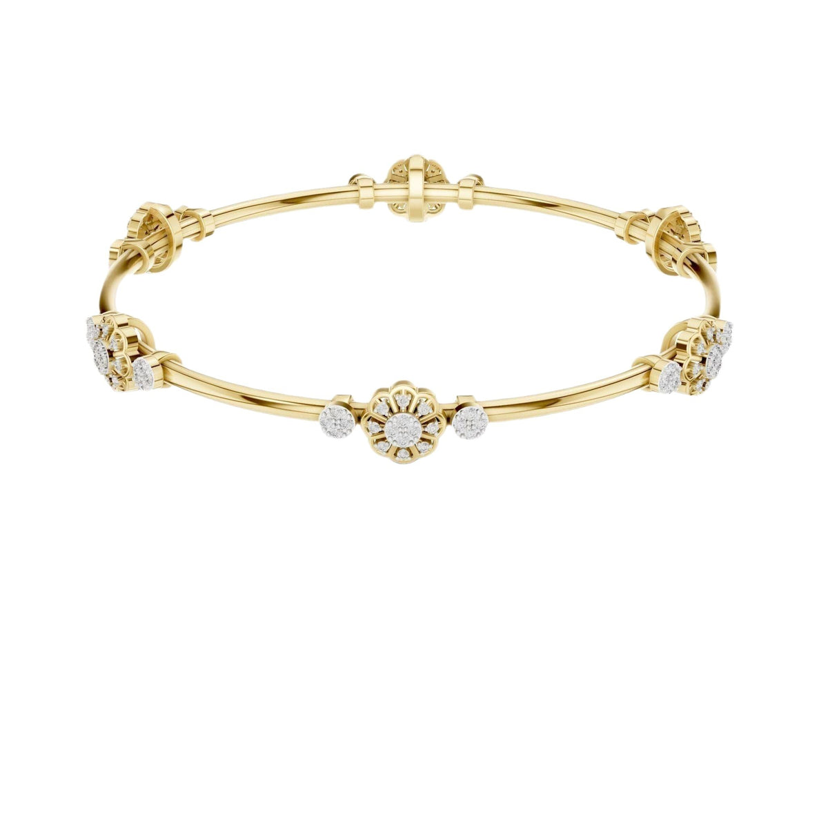 Yellow gold round diamond bangle with floral clusters along the slim cuff.