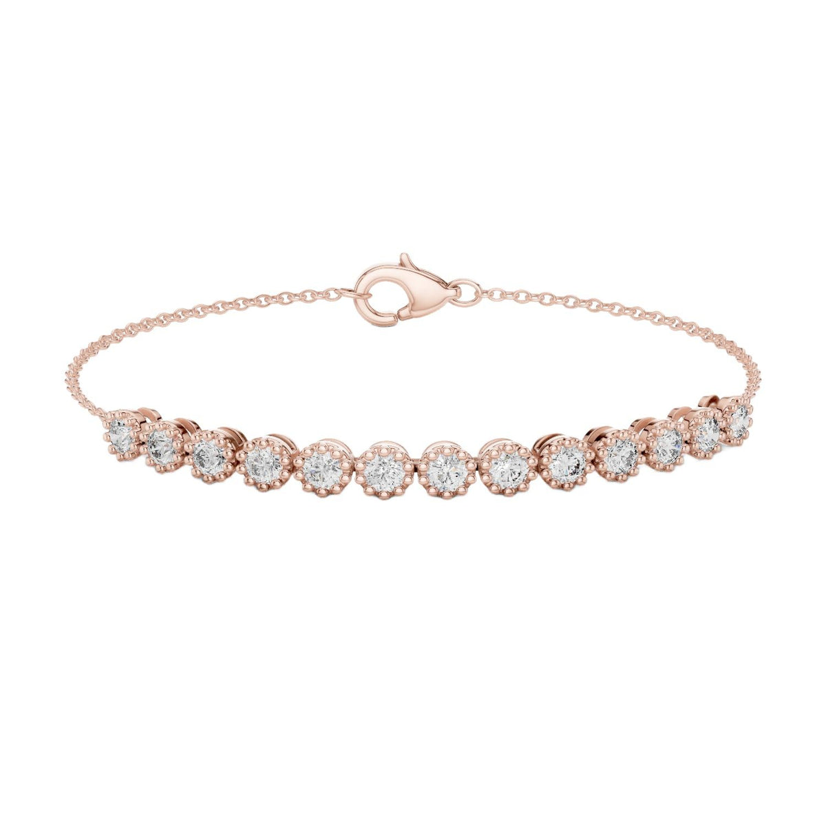 Rose gold tennis bracelet with round diamonds and heart-shaped clasp