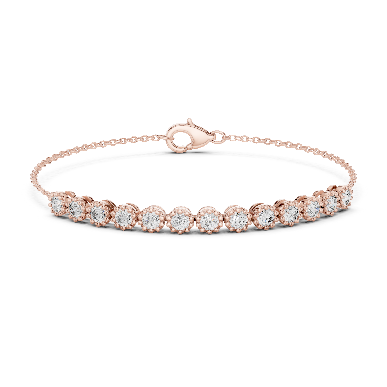 Rose gold tennis bracelet with round diamonds and heart-shaped clasp