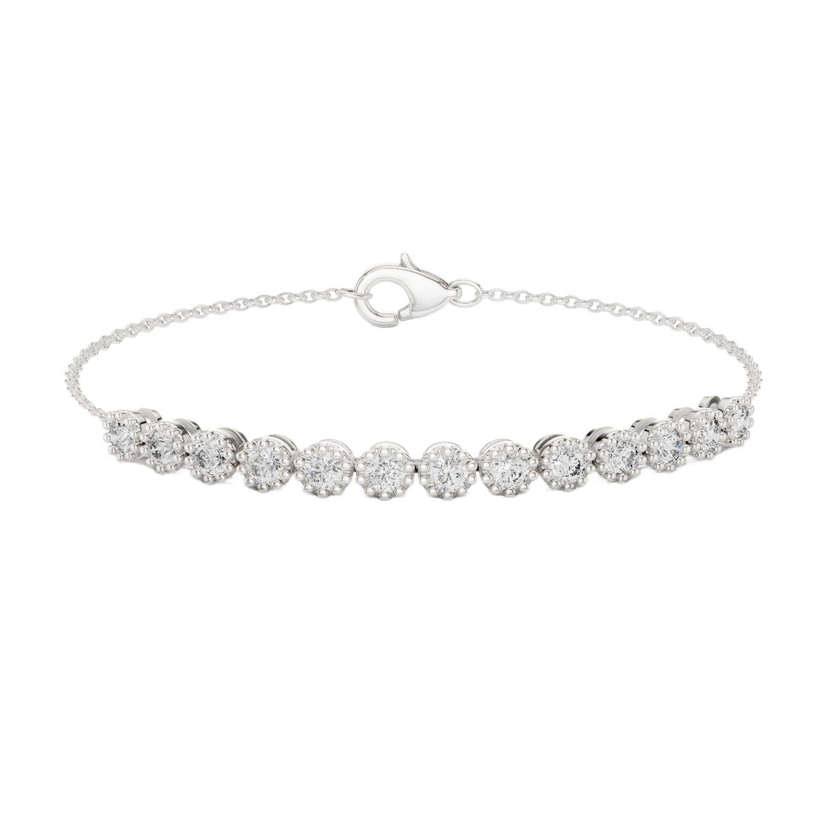 White gold tennis bracelet with round diamonds and heart-shaped clasp