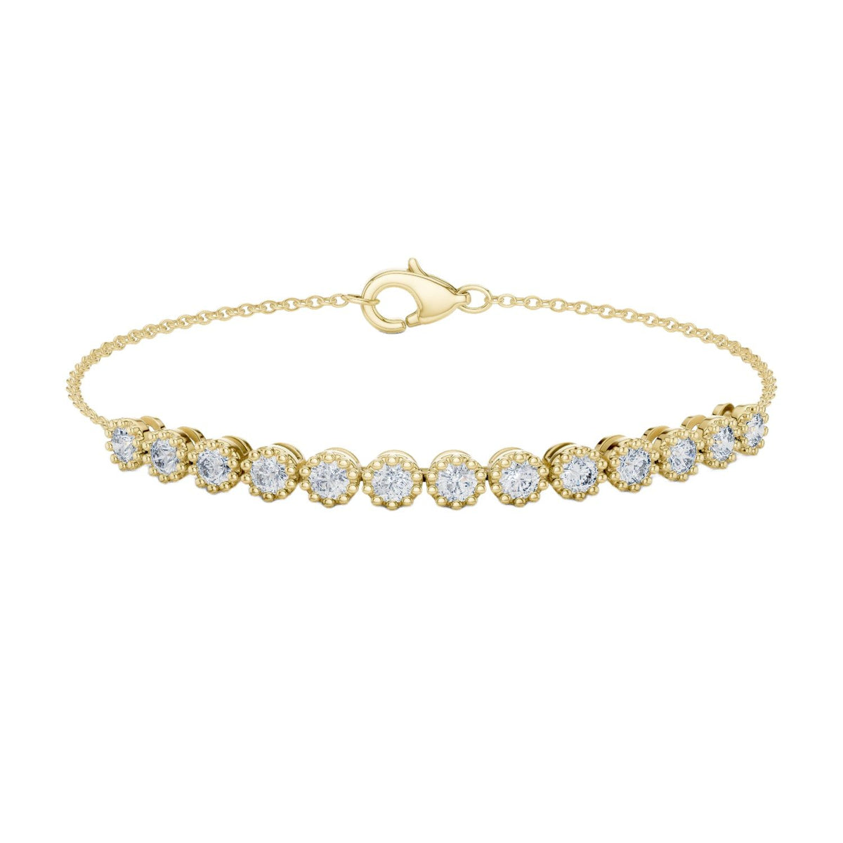 Yellow gold tennis bracelet with round diamonds and heart-shaped clasp