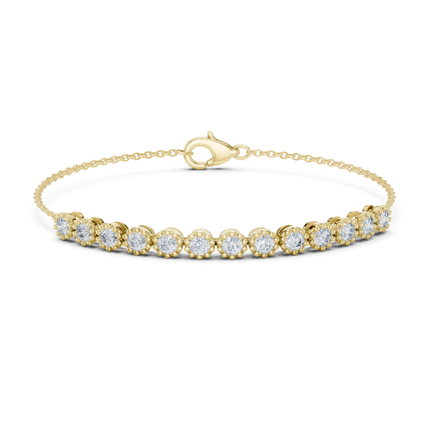 Yellow gold tennis bracelet with round diamonds and heart-shaped clasp