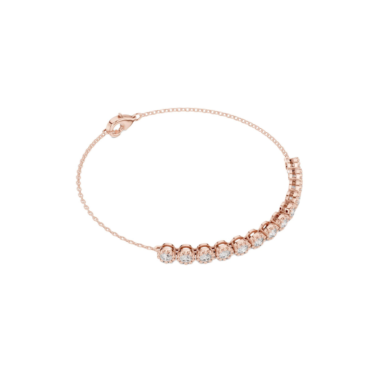 Rose gold tennis bracelet with round diamonds and heart-shaped clasp, profile view