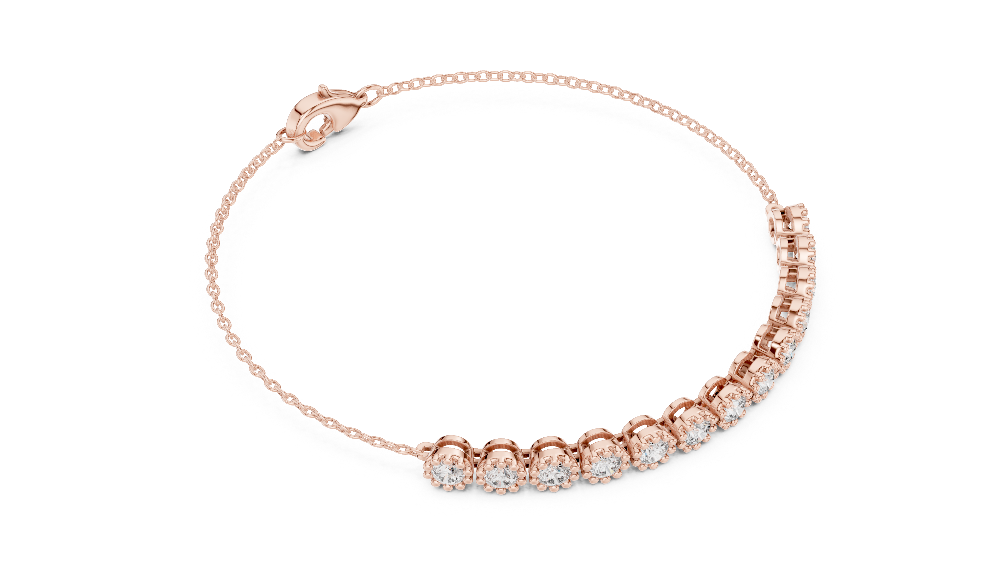 Rose gold tennis bracelet with round diamonds and heart-shaped clasp, profile view