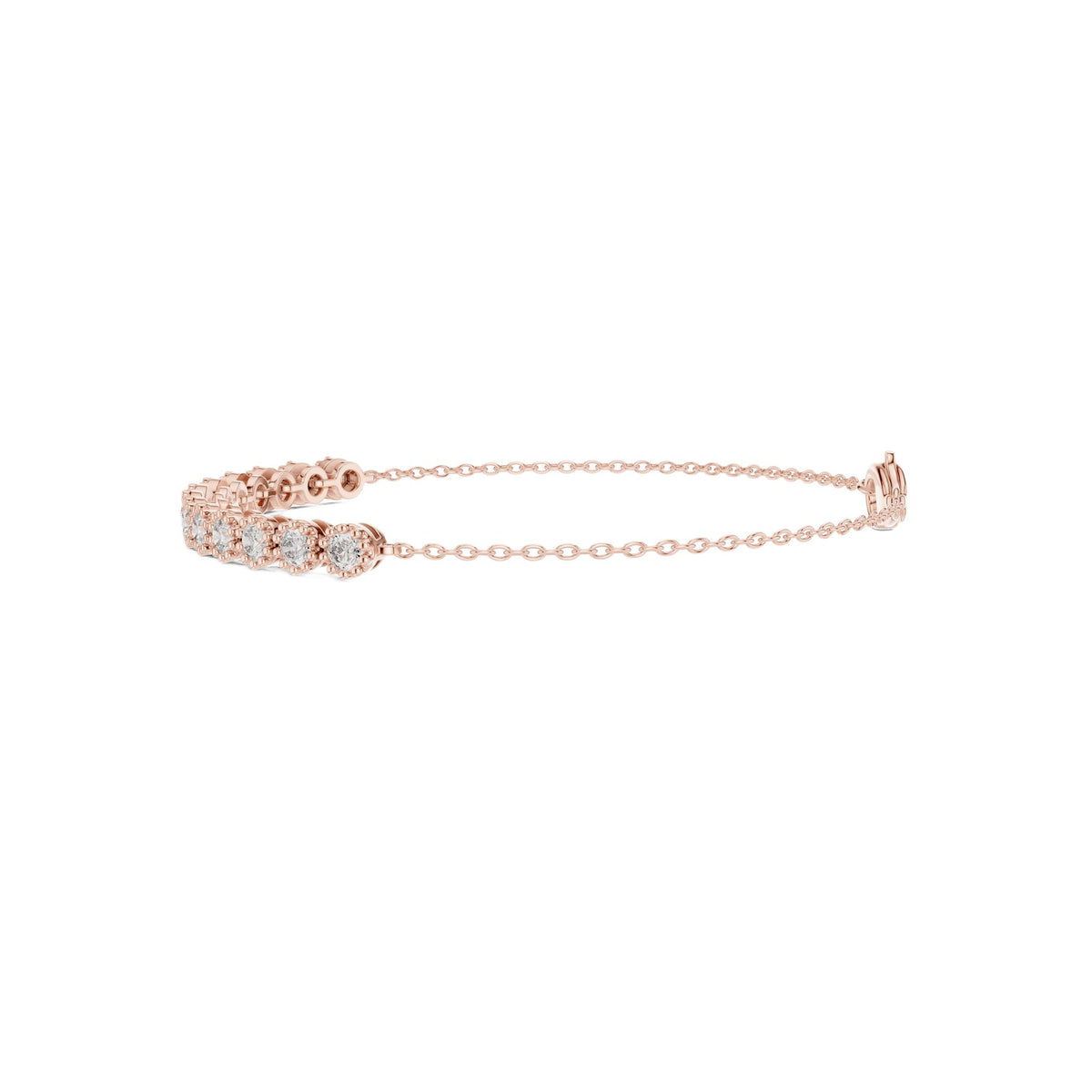 Rose gold tennis bracelet with round diamond row and heart-shaped clasp, angled view