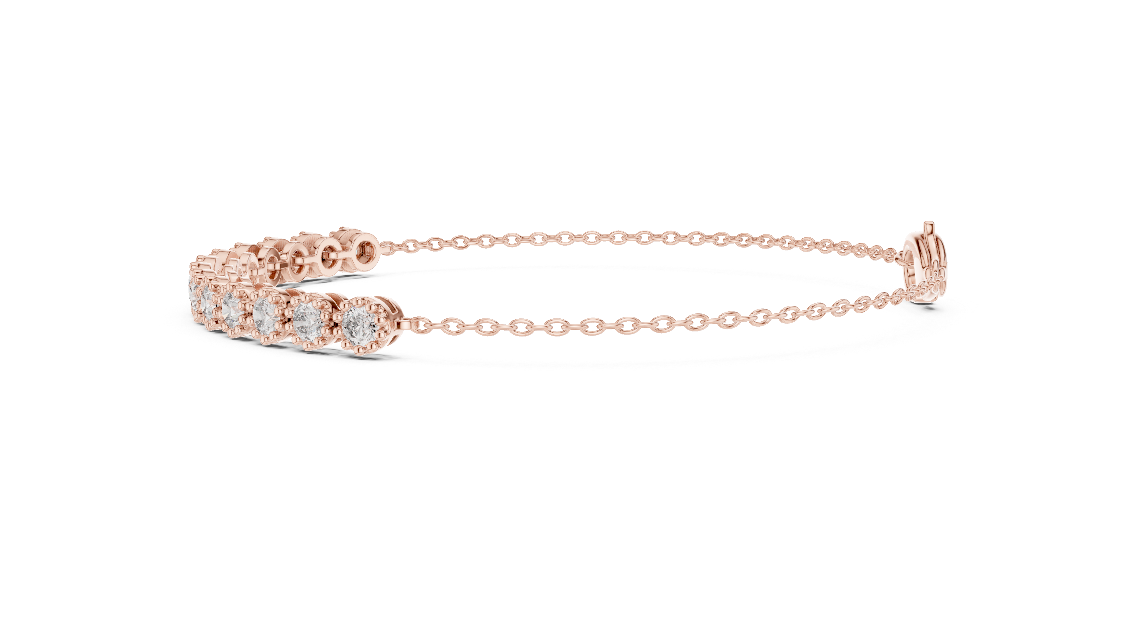 Rose gold tennis bracelet with round diamond row and heart-shaped clasp, angled view