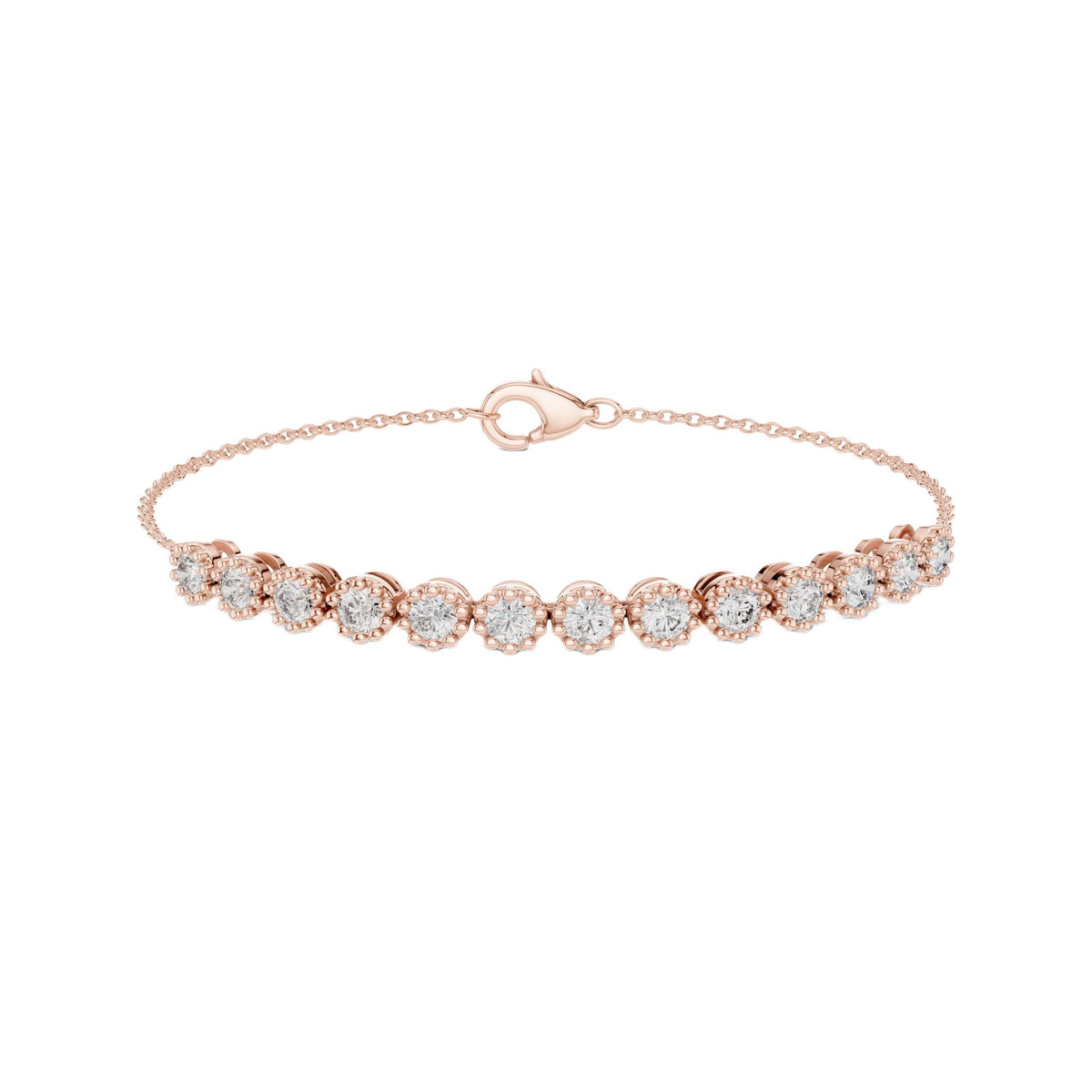 Rose gold tennis bracelet with round diamonds and heart-shaped clasp, front view