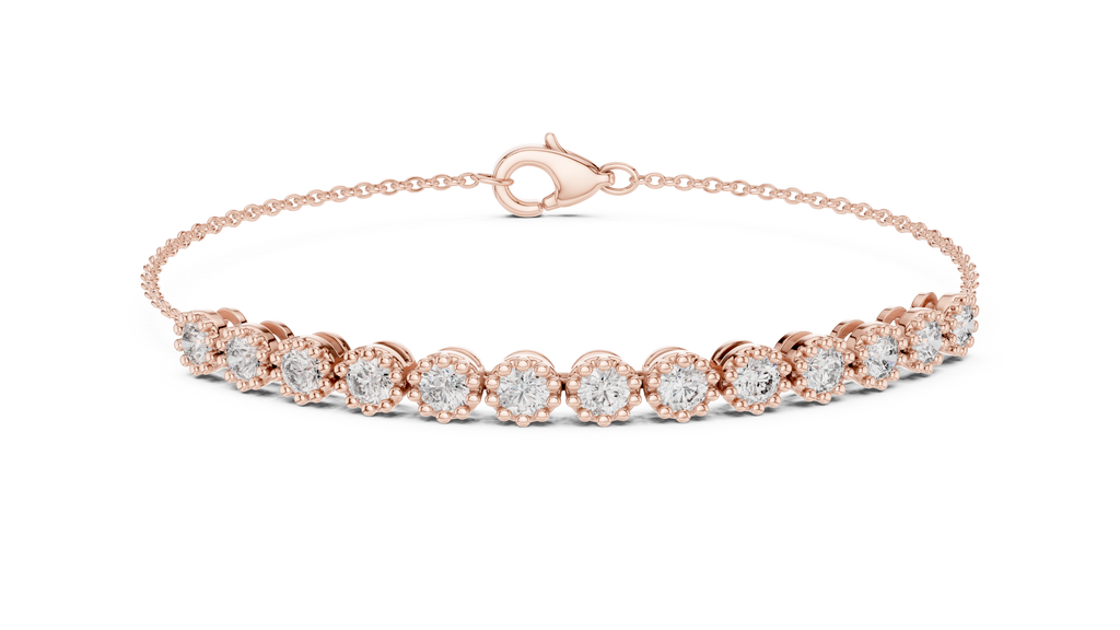Rose gold tennis bracelet with round diamonds and heart-shaped clasp, front view