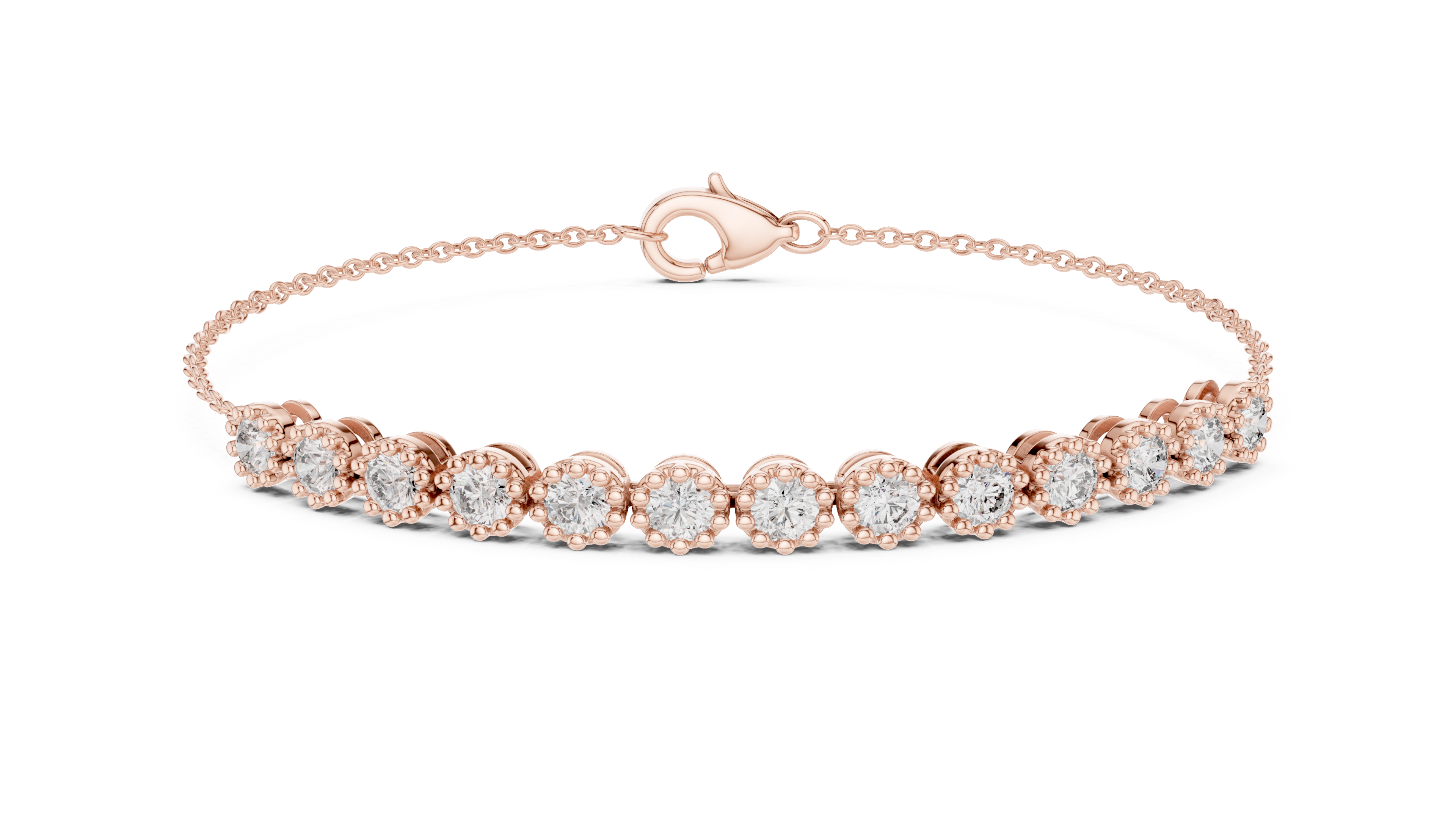 Rose gold tennis bracelet with round diamonds and heart-shaped clasp, front view
