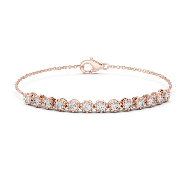 Rose gold tennis bracelet with round diamonds and oval clasp, linked diamond setting