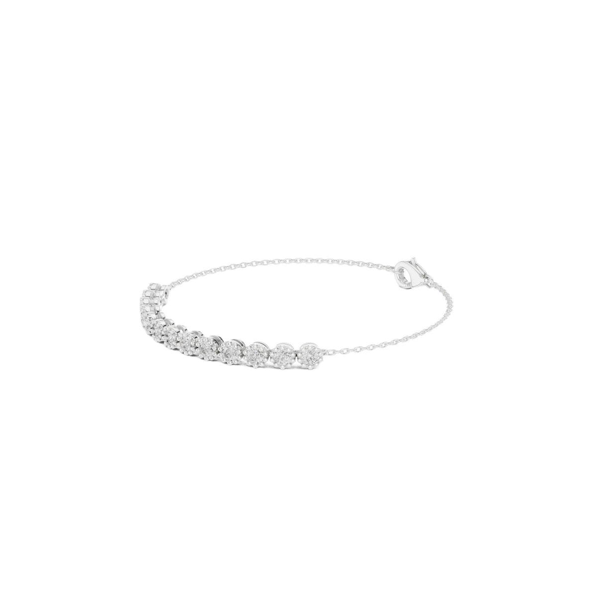 White gold tennis bracelet with round diamonds and heart-shaped clasp, side view