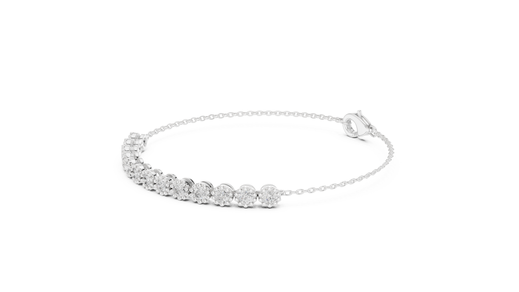 White gold tennis bracelet with round diamonds and heart-shaped clasp, side view