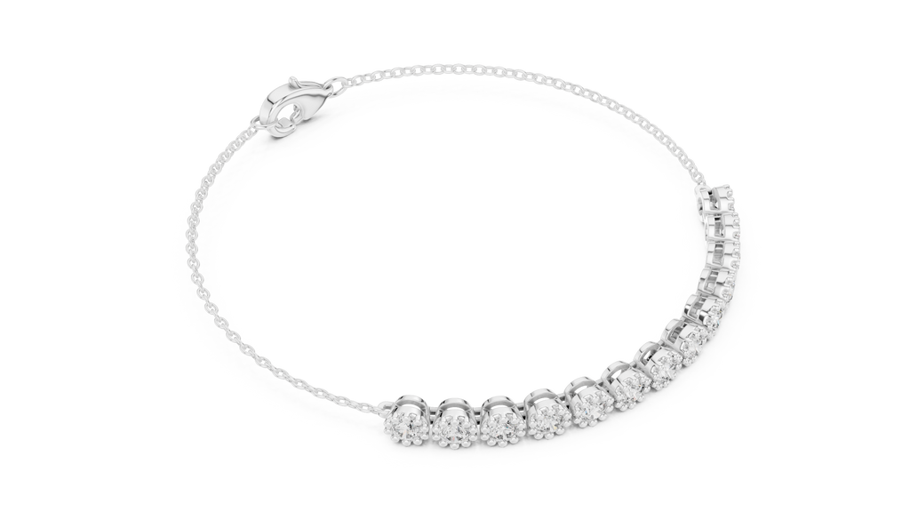 White gold tennis bracelet with round diamonds and heart-shaped clasp, angled profile