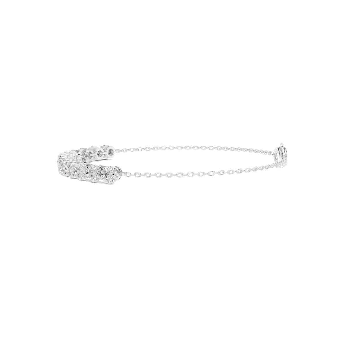 Round diamond tennis bracelet side view with hinged clasp and prong-set stones