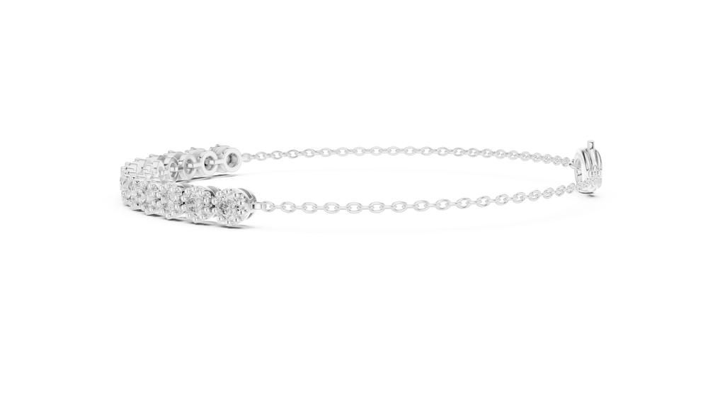 White gold tennis bracelet with round diamond row and heart-shaped clasp, close angle