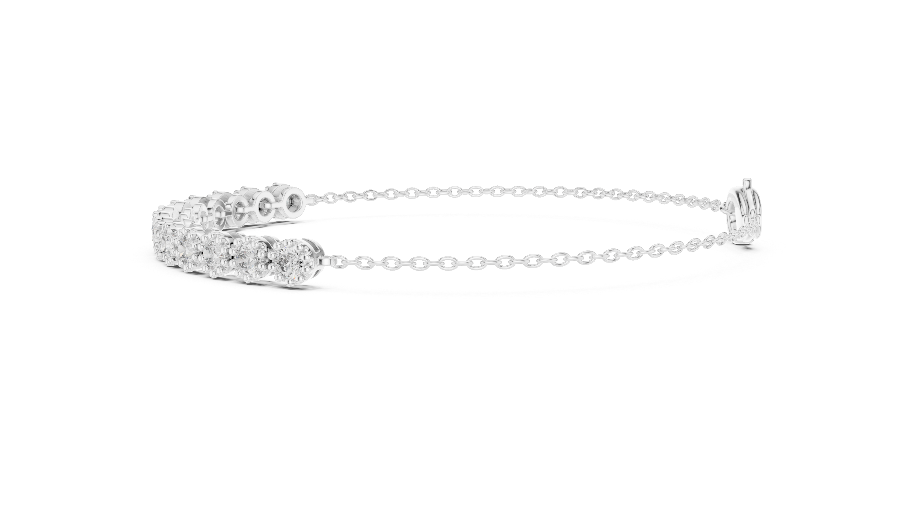 White gold tennis bracelet with round diamond row and heart-shaped clasp, close angle