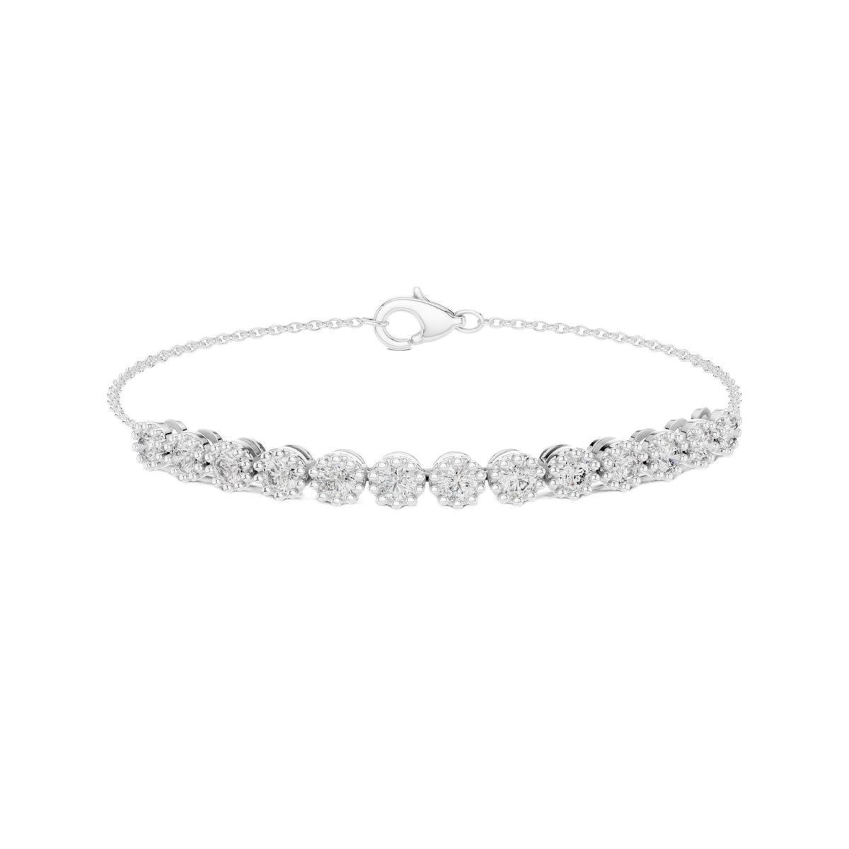 Round diamond tennis bracelet with center oval clasp and prong-set stones