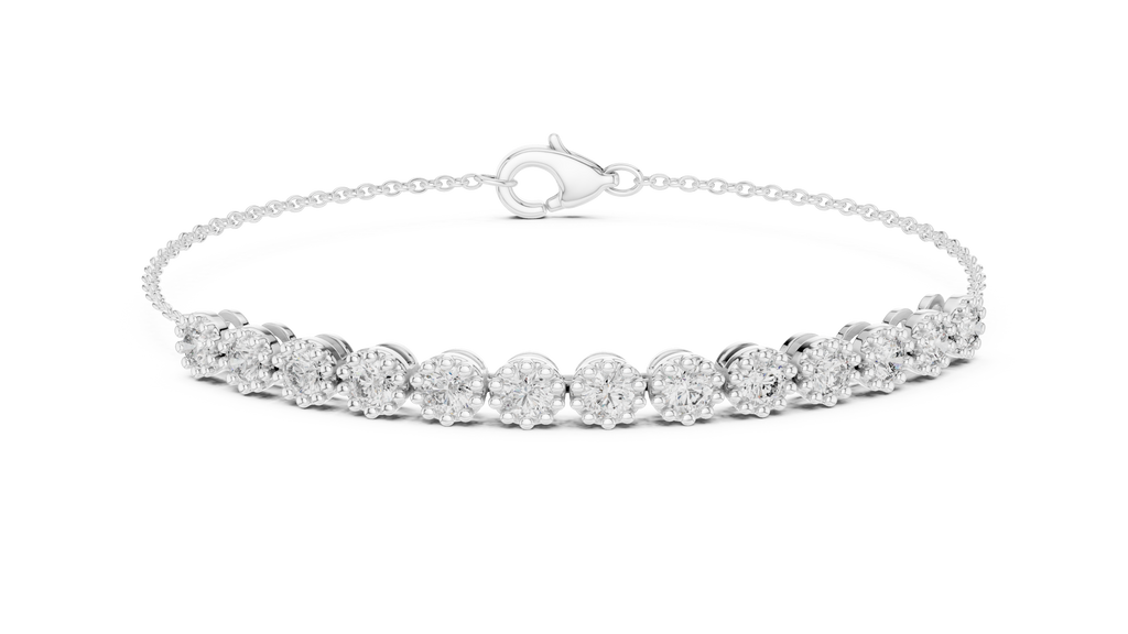 White gold tennis bracelet with round diamonds and oval clasp, row of prong-set stones