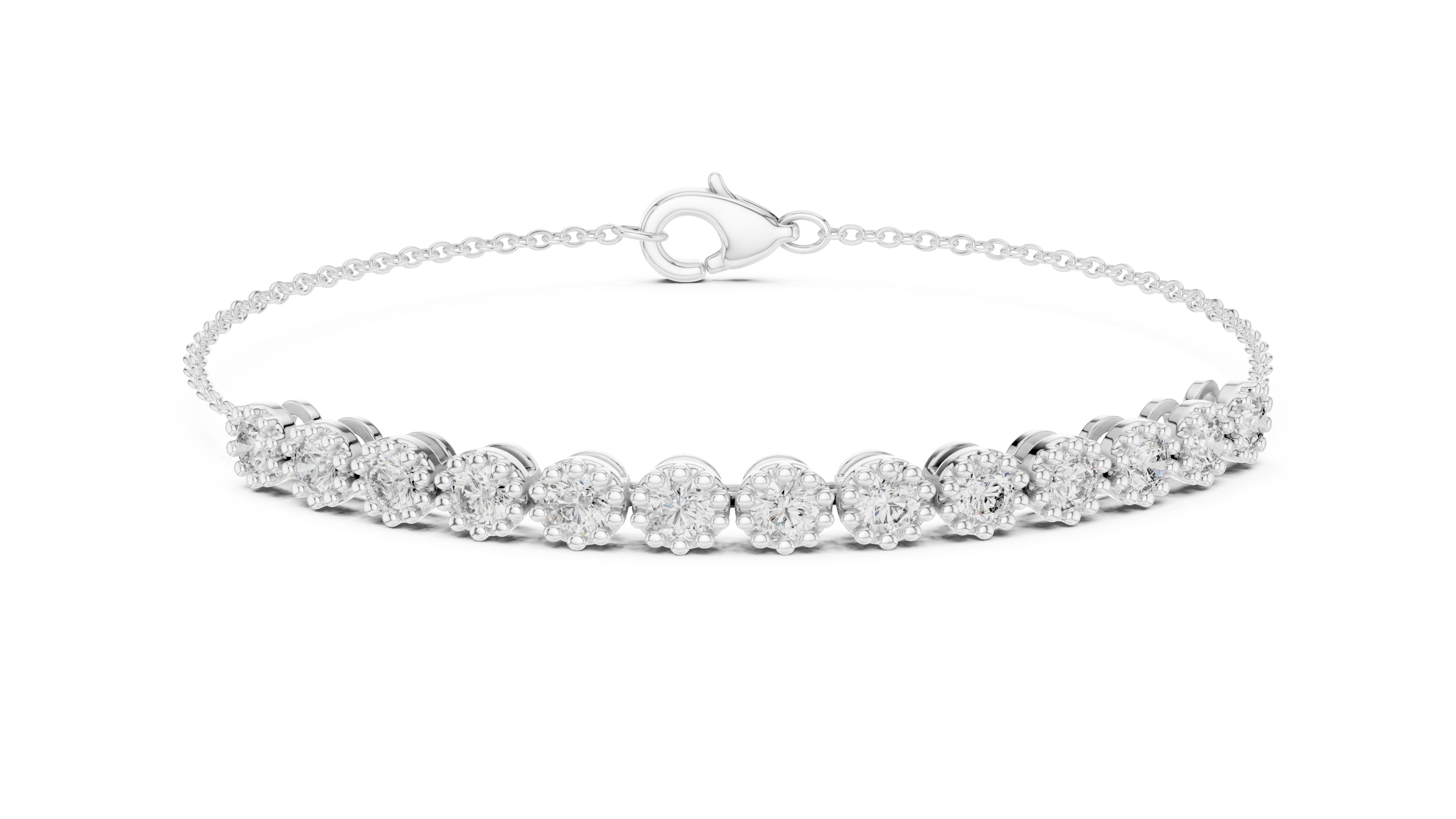 White gold tennis bracelet with round diamonds and oval clasp, row of prong-set stones