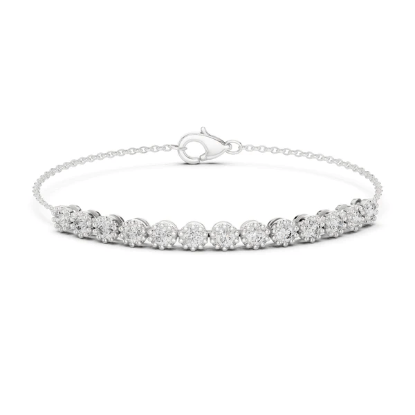 White gold tennis bracelet with round diamonds and oval clasp, straight-on view of diamond row