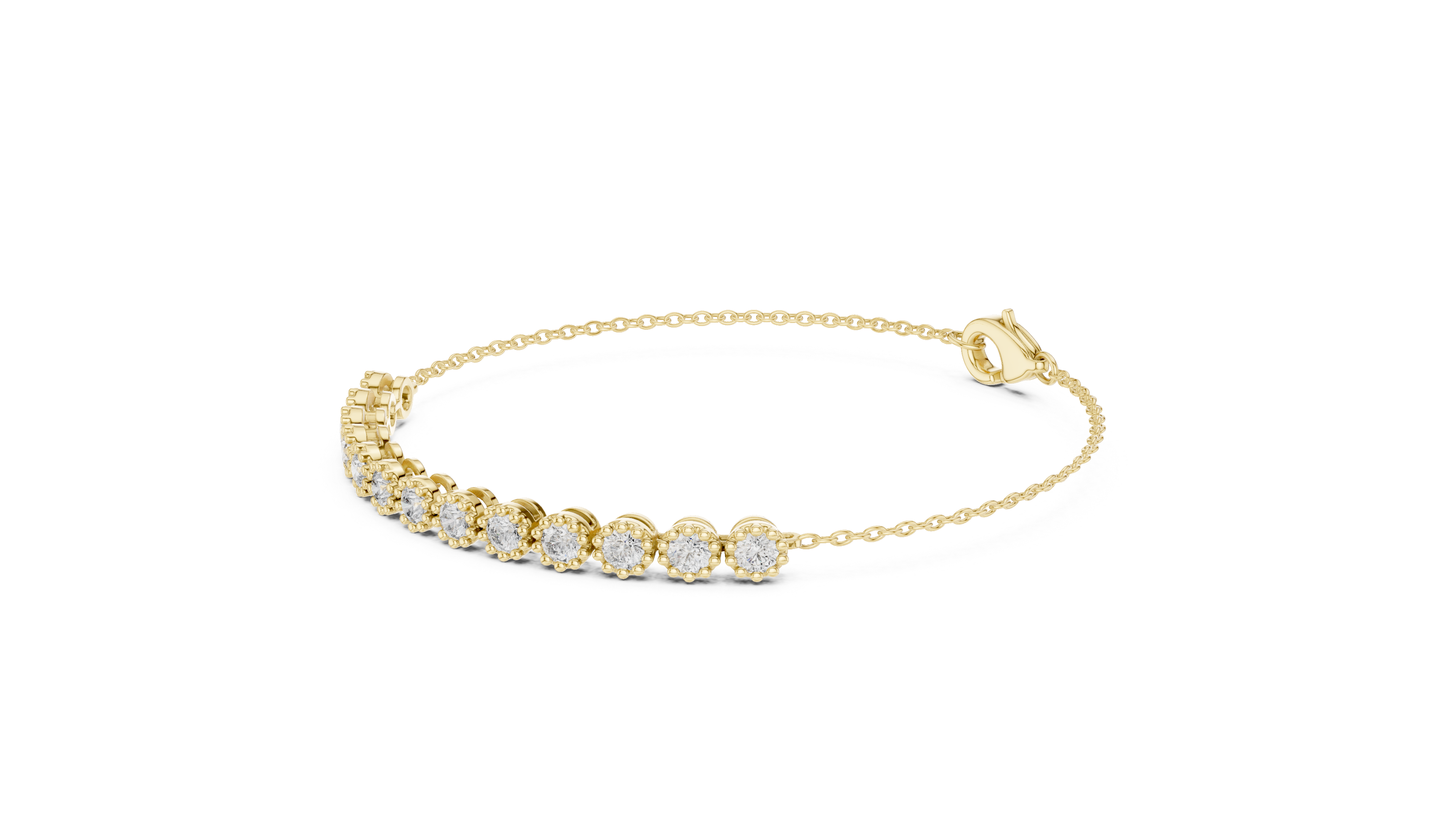 Yellow gold tennis bracelet with round diamonds and circular clasp, side view of stone row