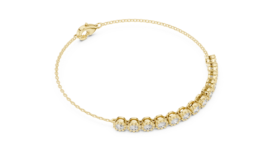 Yellow gold tennis bracelet with round diamonds, detailed clasp at top and diamond row