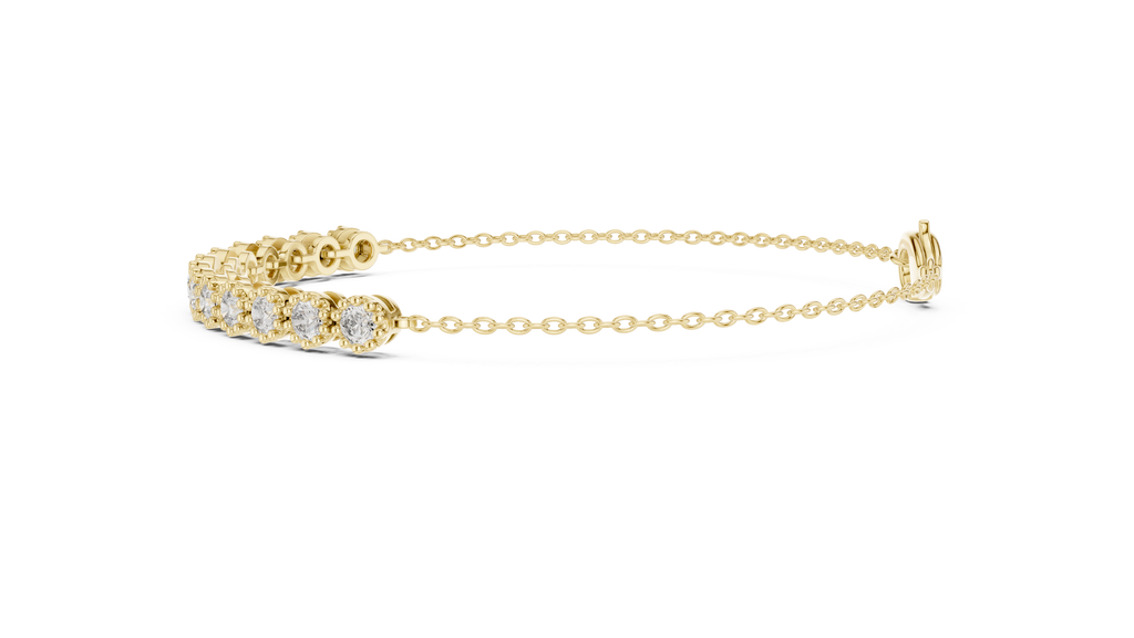 Yellow gold tennis bracelet with round diamonds, top view showing linked settings