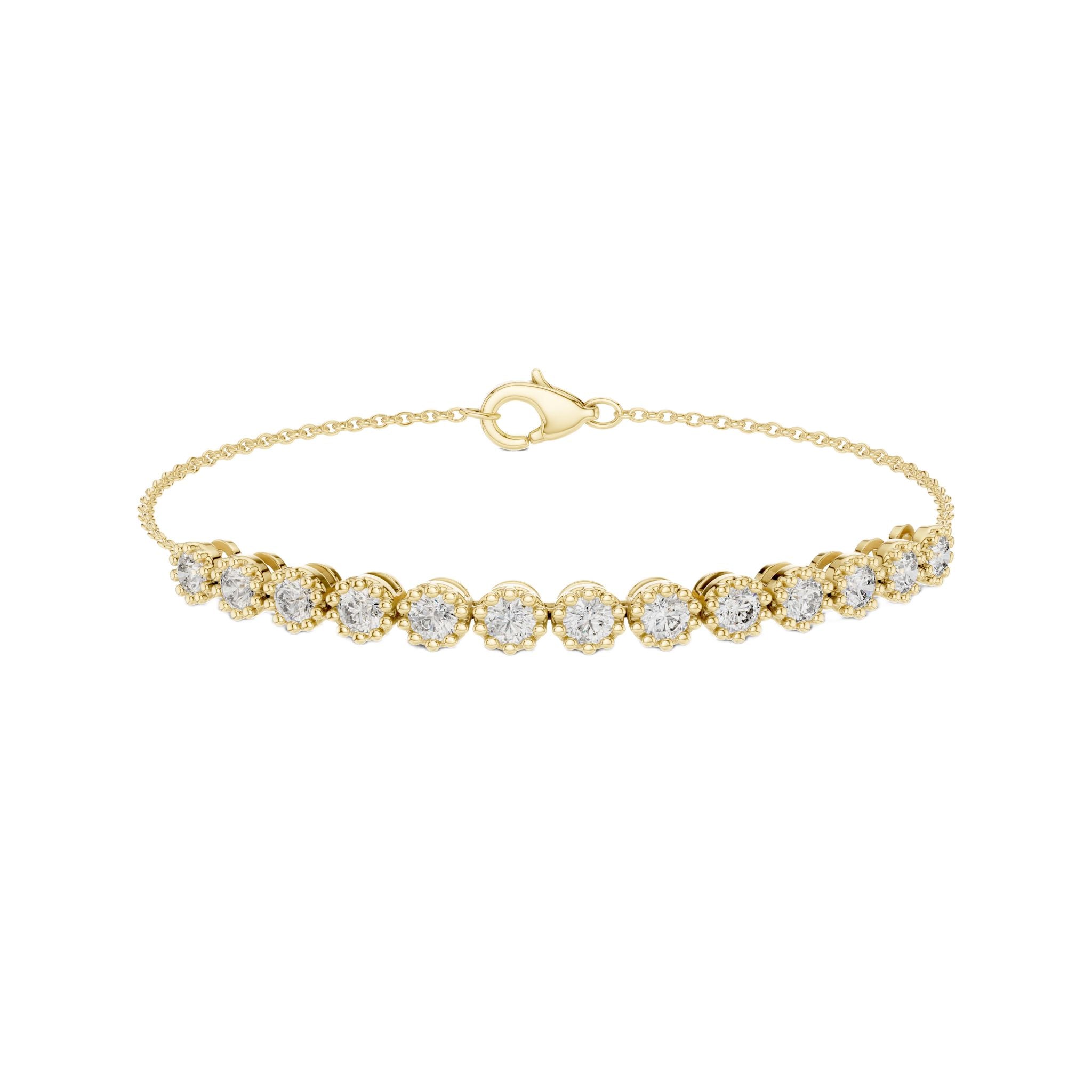 Round diamond tennis bracelet with round stones and yellow metal oval clasp