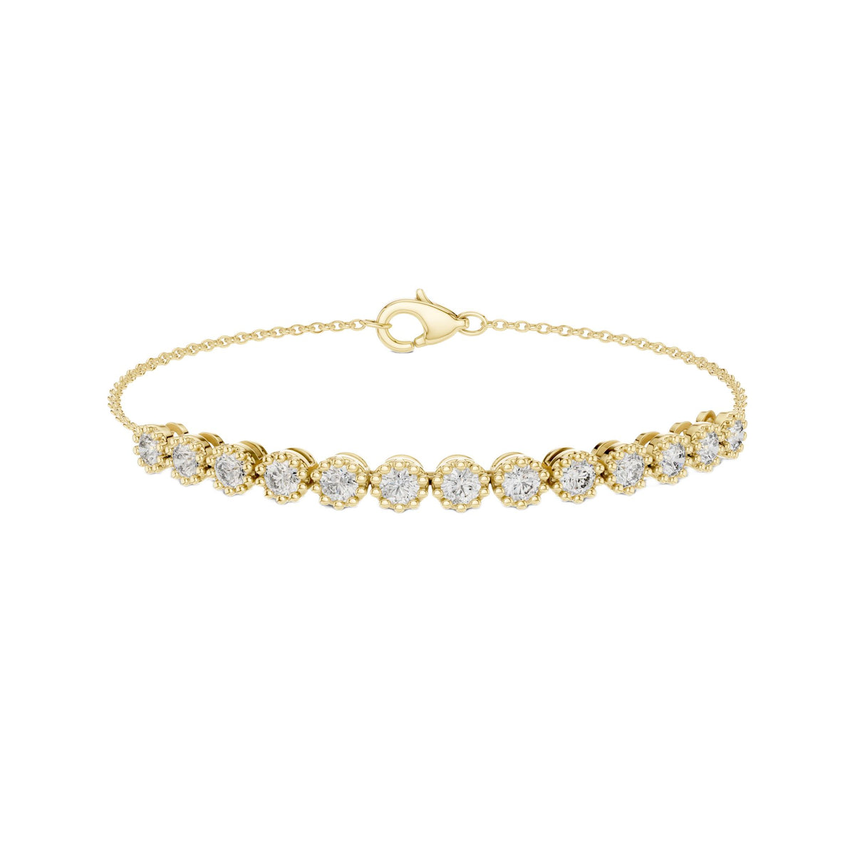 Round diamond tennis bracelet with round stones and yellow metal oval clasp
