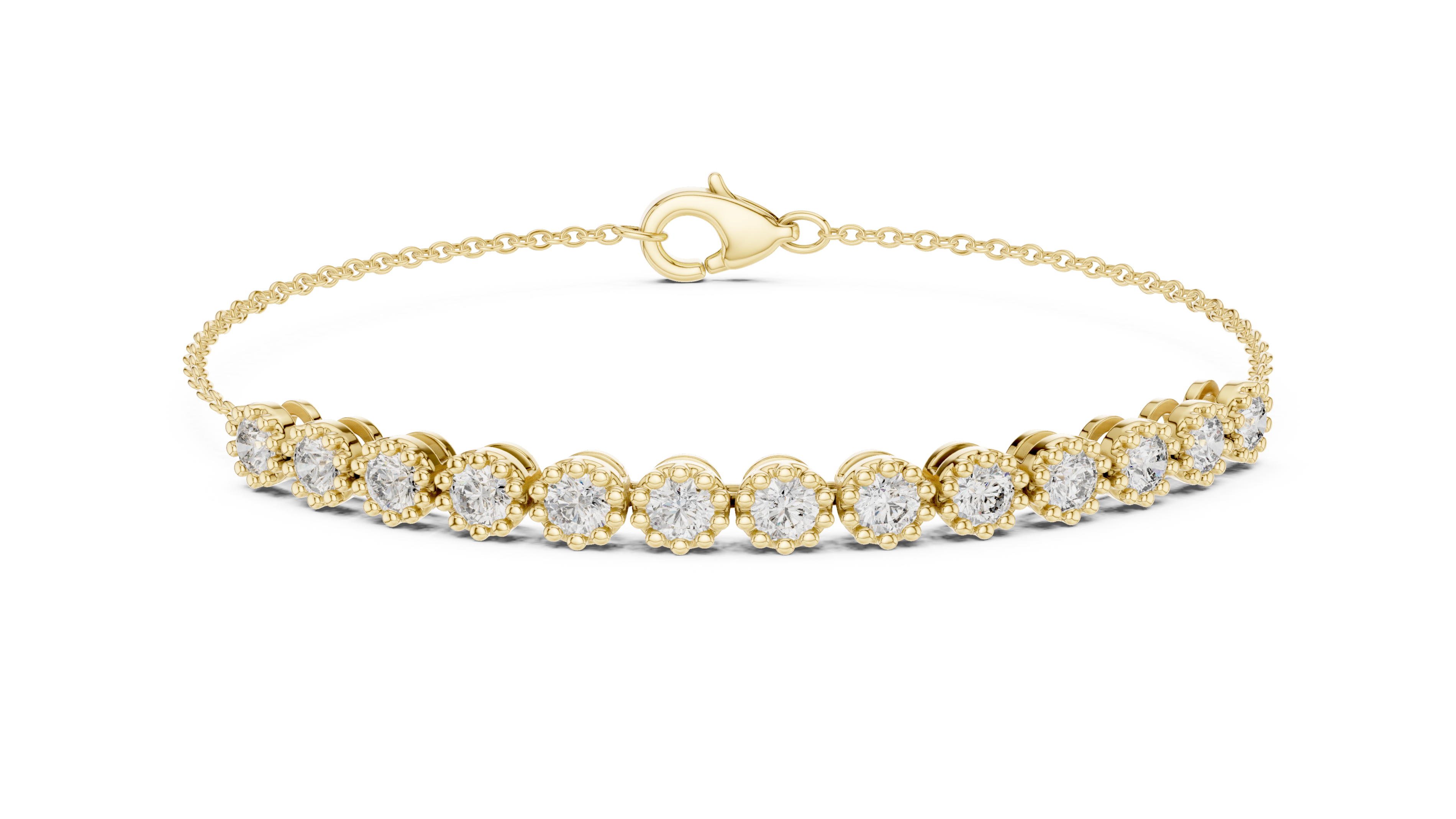 Round diamond tennis bracelet with round stones and yellow metal oval clasp