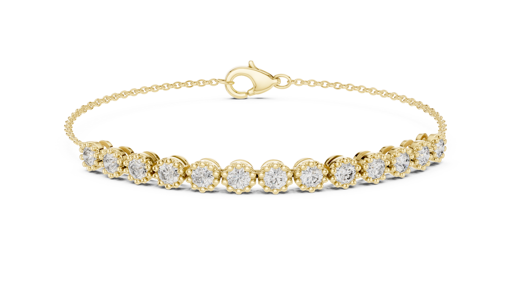Yellow gold tennis bracelet with round diamonds and oval clasp, full row of stones