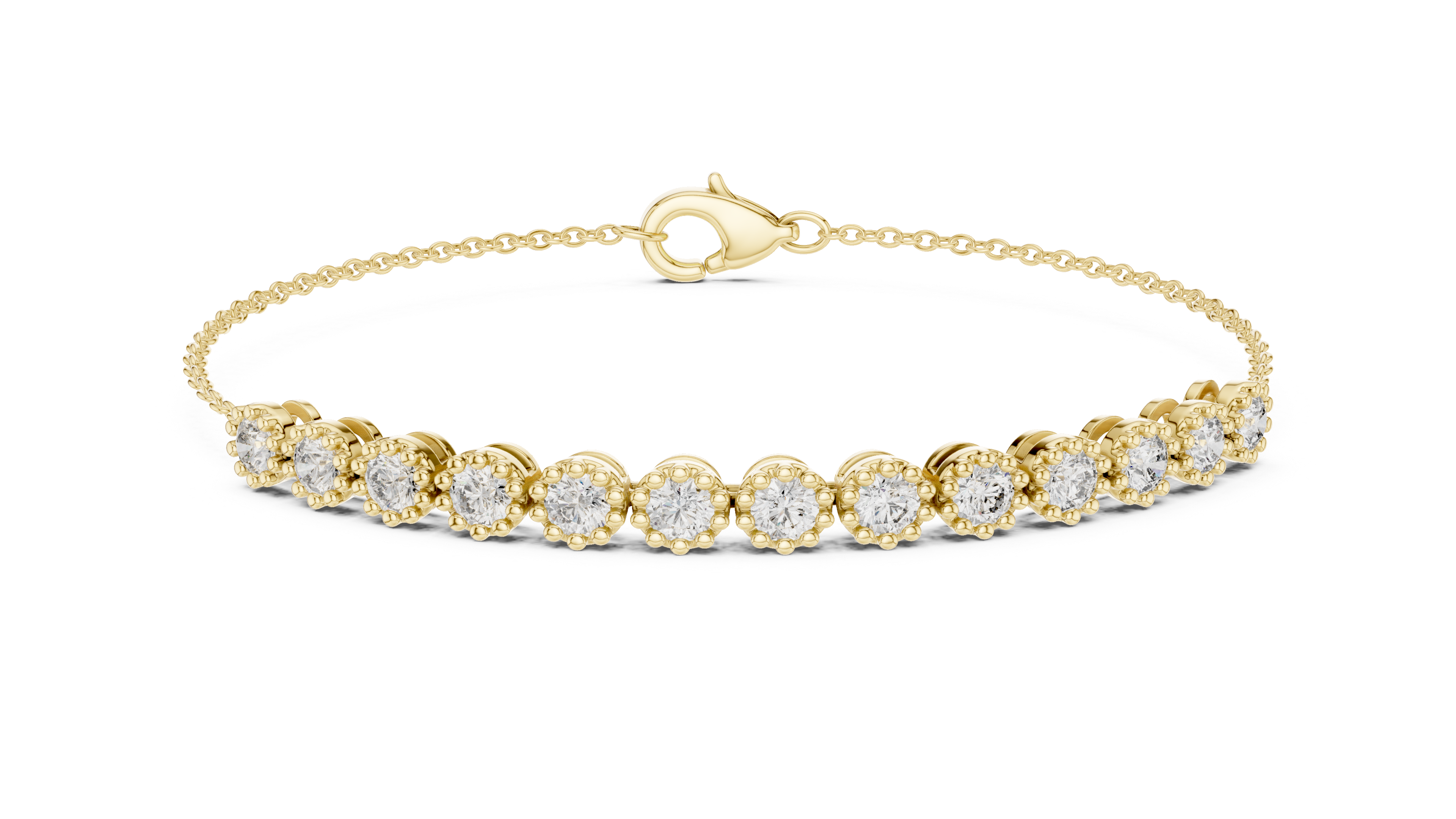 Yellow gold tennis bracelet with round diamonds and oval clasp, full row of stones