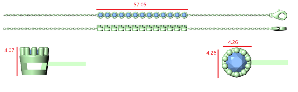 Jewel CAD diagram of bracelet settings with green band, colored callouts, and measurements