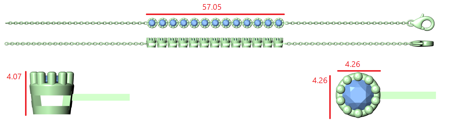 Jewel CAD diagram of bracelet settings with green band, colored callouts, and measurements