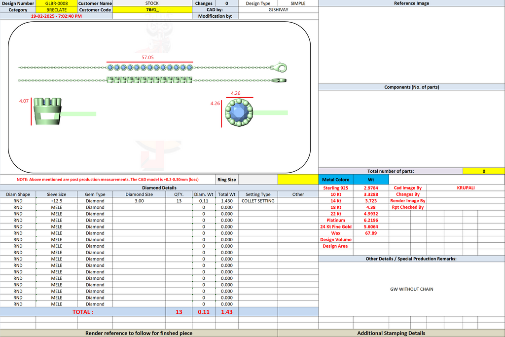 Jewelry design spreadsheet showing metal and diamond component tables with totals