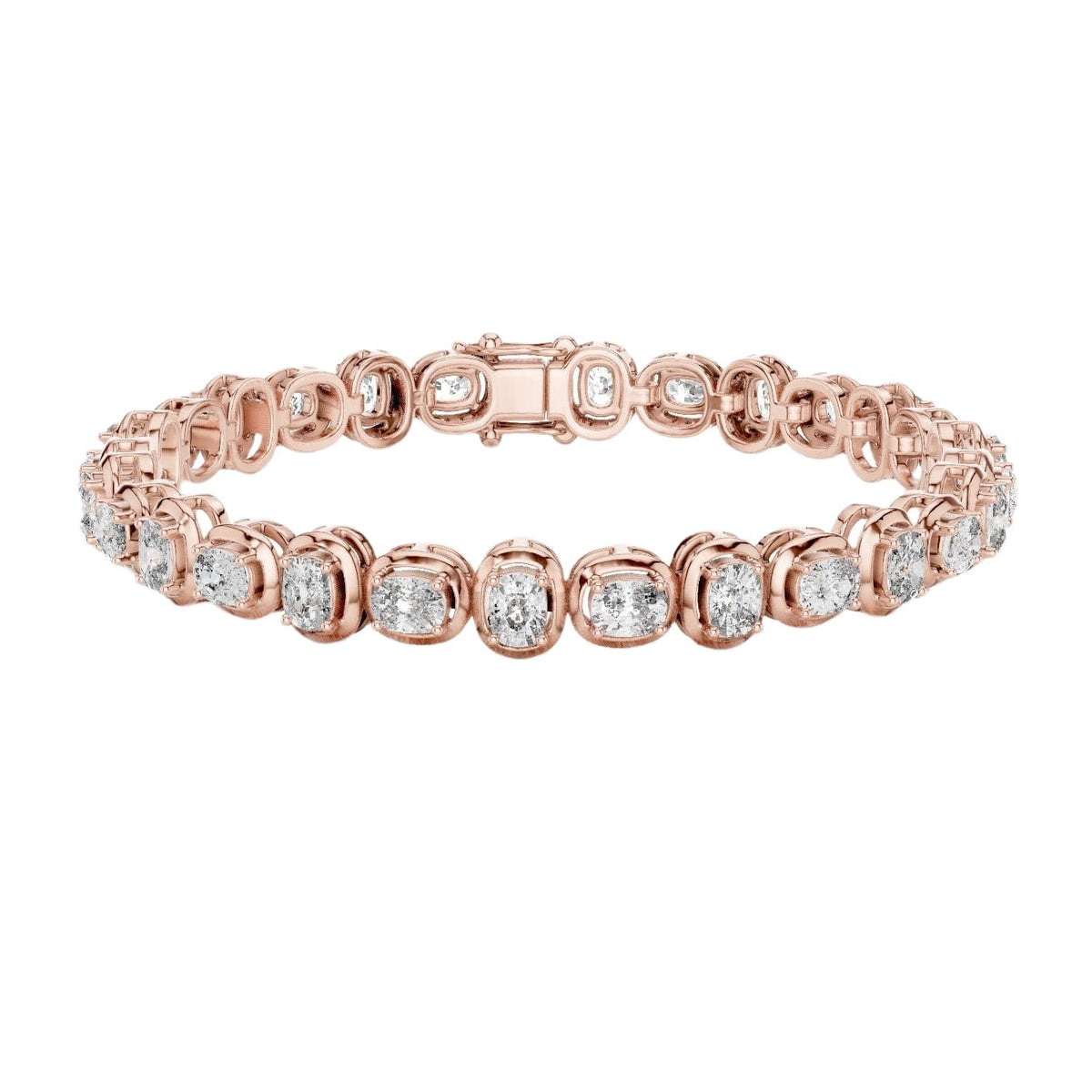 Rose gold cushion-cut diamond tennis bracelet with oval-style links and round diamonds.