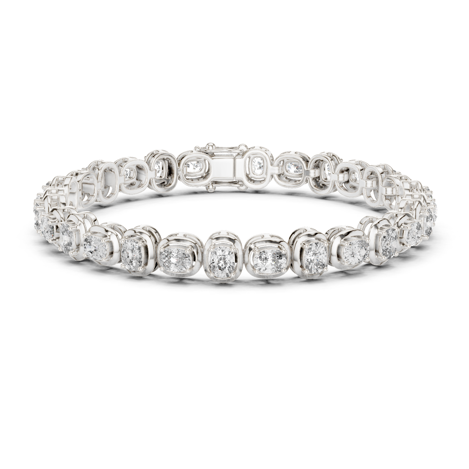 White gold cushion-cut diamond tennis bracelet with oval-style links and round diamonds.