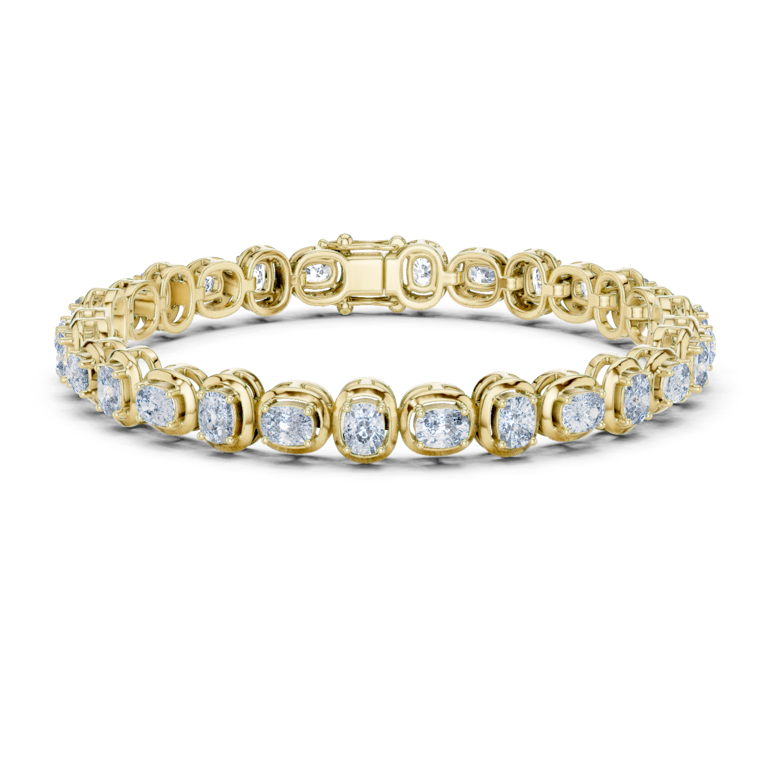 Yellow gold cushion-cut diamond tennis bracelet with oval-style links and round diamonds.