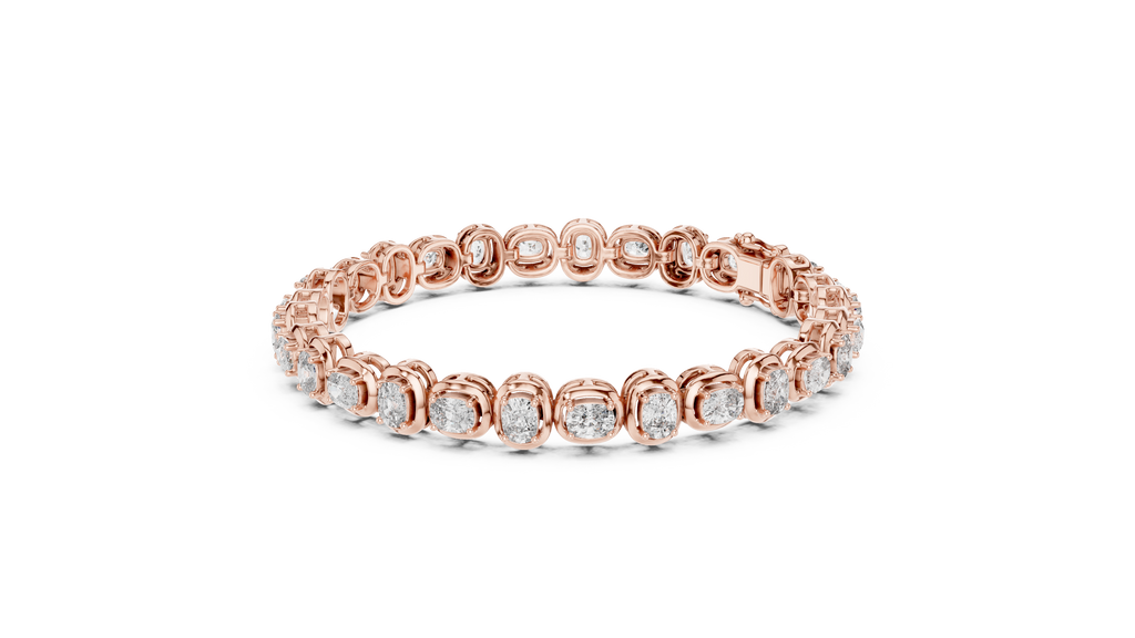 Rose gold cushion-cut diamond tennis bracelet, angled view with linked diamond rows.