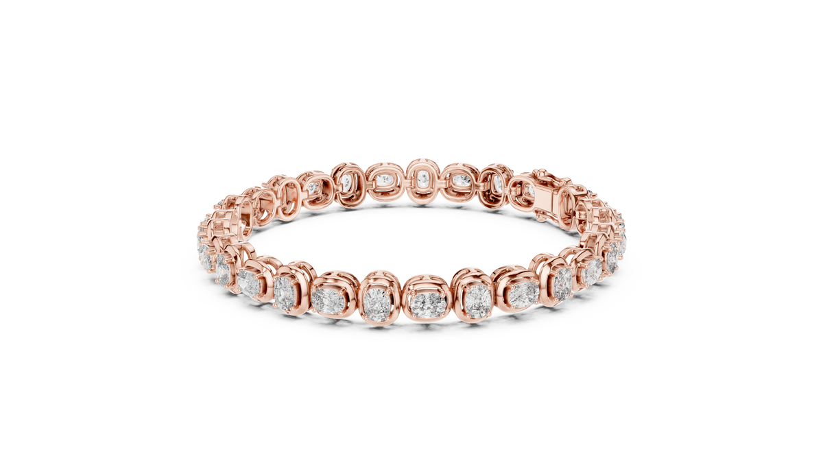 Rose gold cushion-cut diamond tennis bracelet, angled view with linked diamond rows.