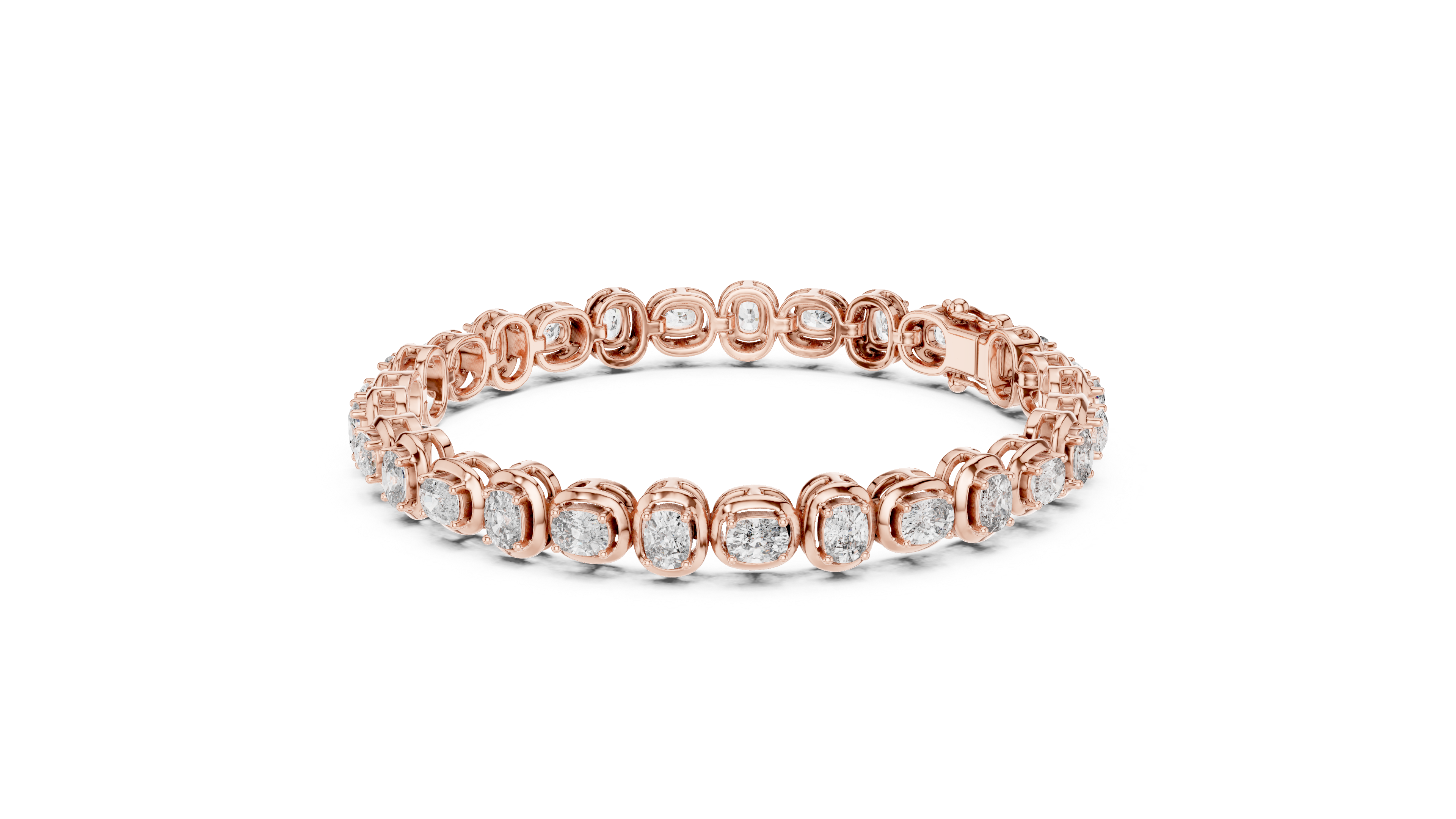 Rose gold cushion-cut diamond tennis bracelet, angled view with linked diamond rows.
