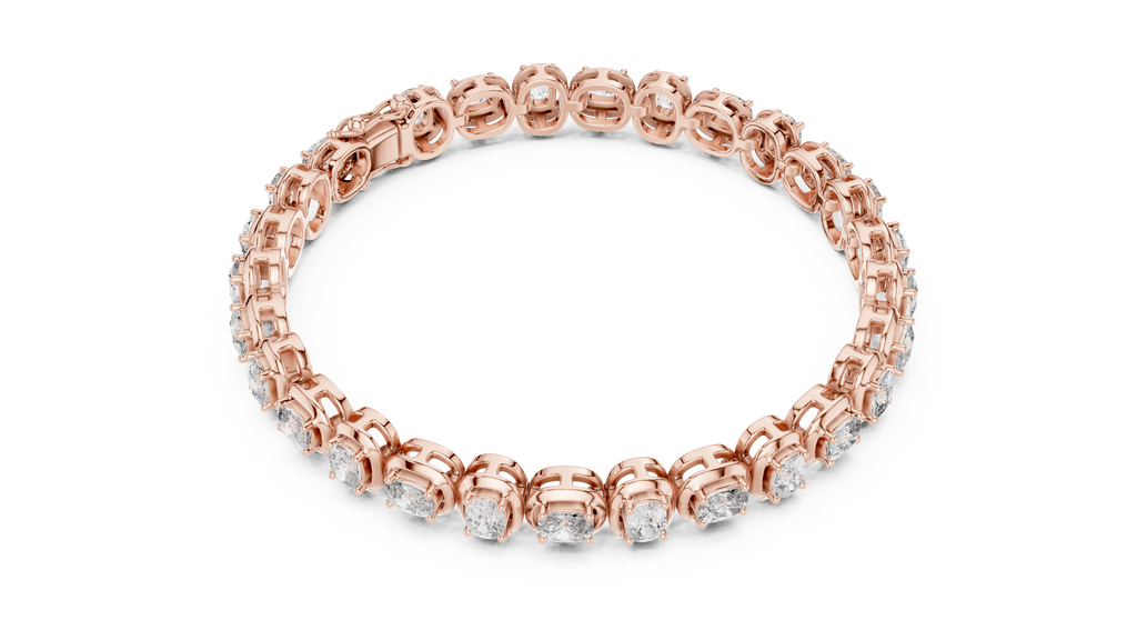 Rose gold cushion-cut diamond tennis bracelet, top view showing cushion-cut diamond row.