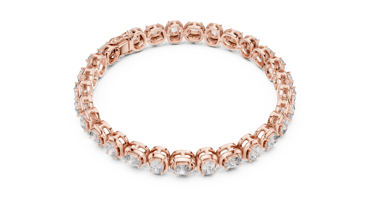 Rose gold diamond tennis bracelet with cushion-cut stones in a flexible chain setting